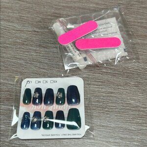 Navy and Green Handmade Press-On Nails with Stars